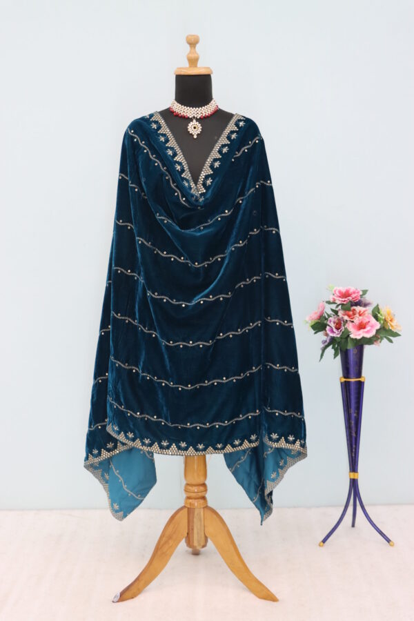 Embroidered Velvet Dupatta in Beige - Image 3