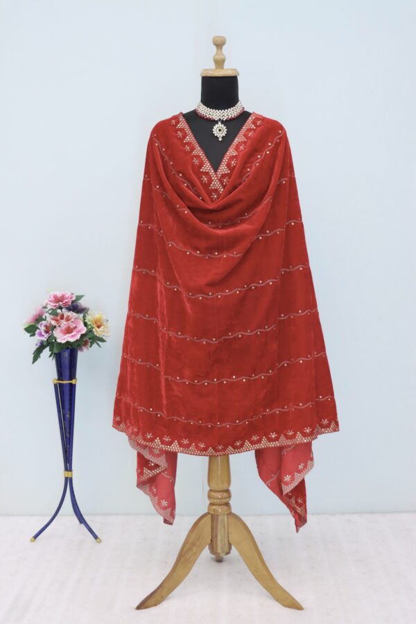 Embroidered Velvet Dupatta in Beige - Image 2