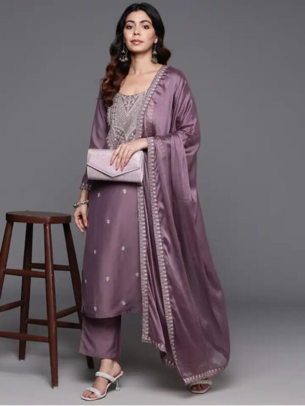 NENCY Embroidered work chanderi viscose fabric straight kurta, pant and dupatta set - Image 12