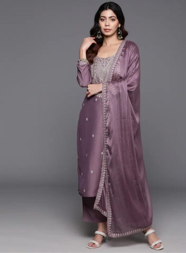 NENCY Embroidered work chanderi viscose fabric straight kurta, pant and dupatta set - Image 9