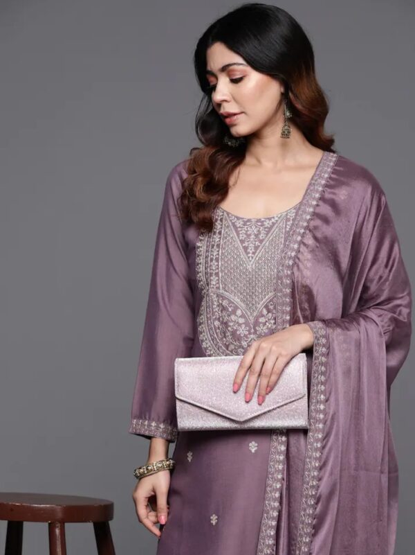 NENCY Embroidered work chanderi viscose fabric straight kurta, pant and dupatta set - Image 13