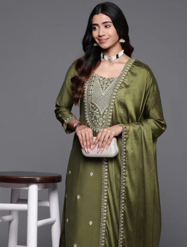 NENCY Embroidered work chanderi viscose fabric straight kurta, pant and dupatta set - Image 7