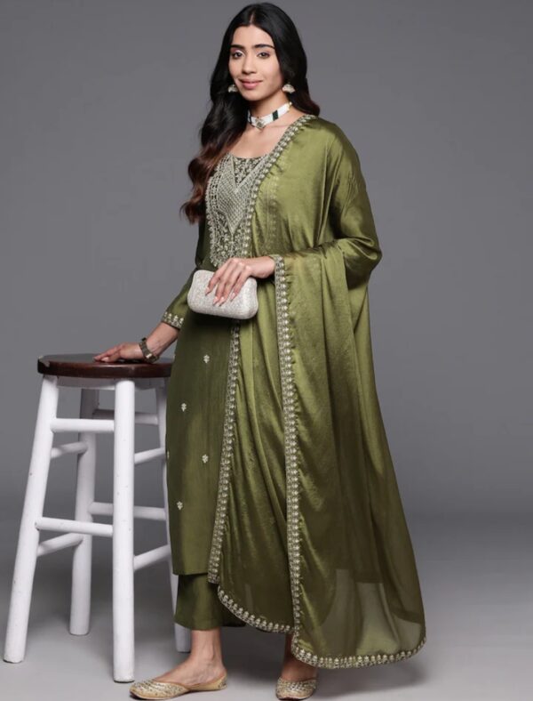 NENCY Embroidered work chanderi viscose fabric straight kurta, pant and dupatta set - Image 6