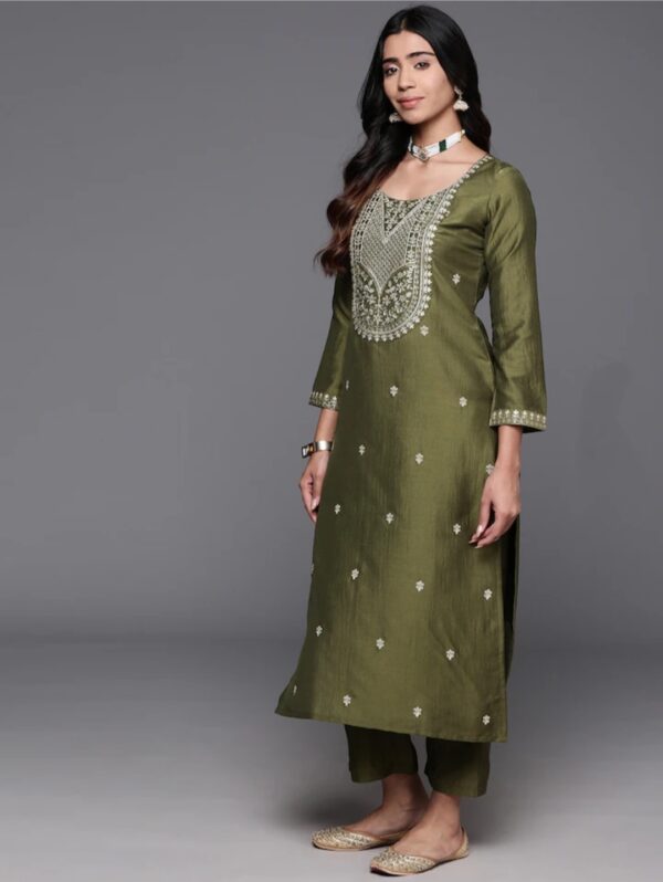 NENCY Embroidered work chanderi viscose fabric straight kurta, pant and dupatta set - Image 4