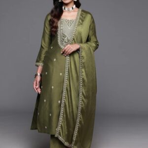 NENCY Embroidered work chanderi viscose fabric straight kurta, pant and dupatta set