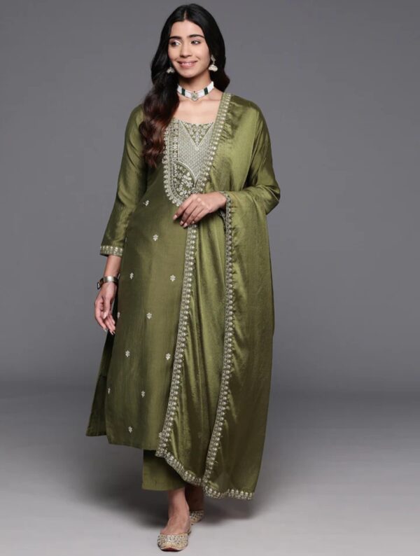 NENCY Embroidered work chanderi viscose fabric straight kurta, pant and dupatta set