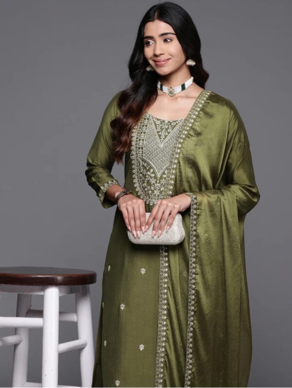 NENCY Embroidered work chanderi viscose fabric straight kurta, pant and dupatta set - Image 2