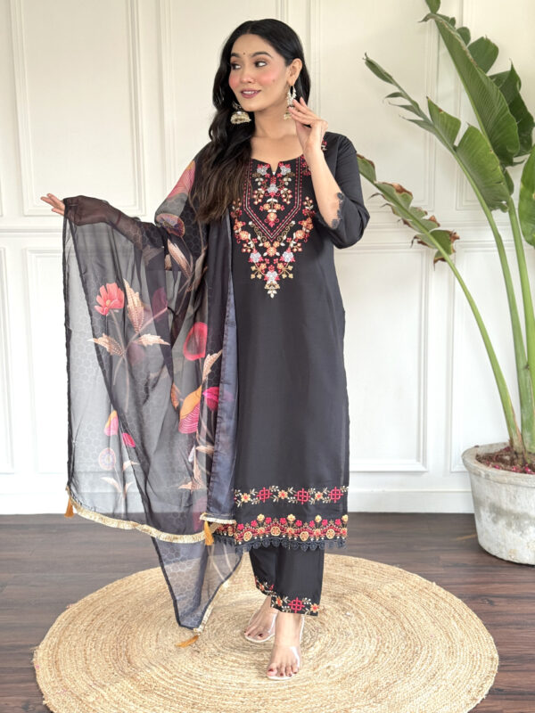 KALINI Black Embroidered Chanderi Kurta Set - Image 3