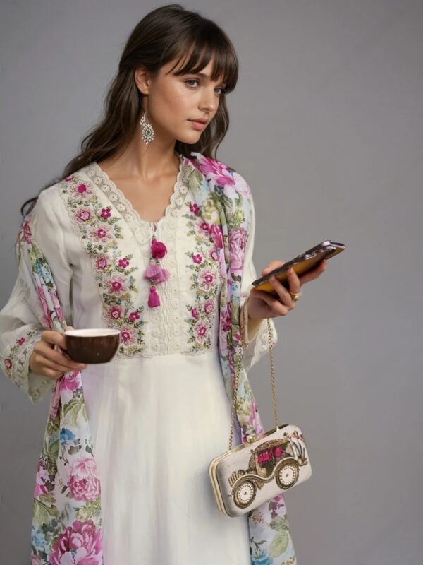 K2 WHITE Women Silk Blend Kurta Pant Dupatta Set - Image 2