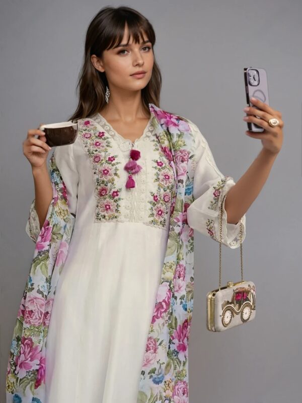 K2 WHITE Women Silk Blend Kurta Pant Dupatta Set - Image 4