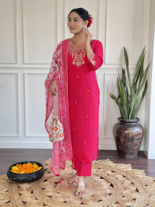 DEVPOOJA Viscose Pink Casual Wear Embroidery Work Readymade Kurti Set - Image 7