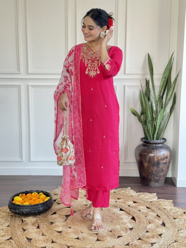 DEVPOOJA Viscose Pink Casual Wear Embroidery Work Readymade Kurti Set - Image 6