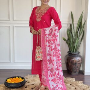 DEVPOOJA Viscose Pink Casual Wear Embroidery Work Readymade Kurti Set