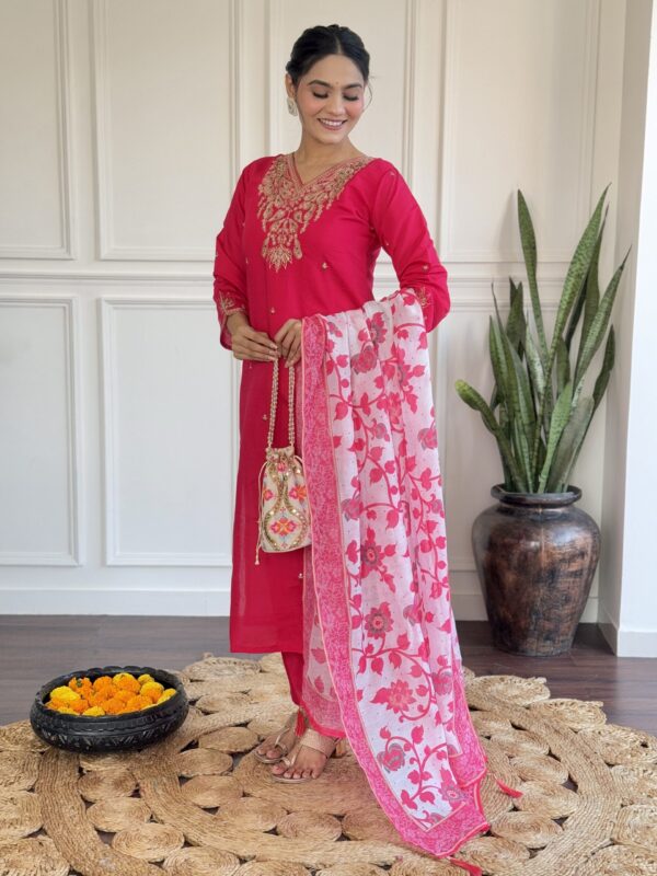 DEVPOOJA Viscose Pink Casual Wear Embroidery Work Readymade Kurti Set