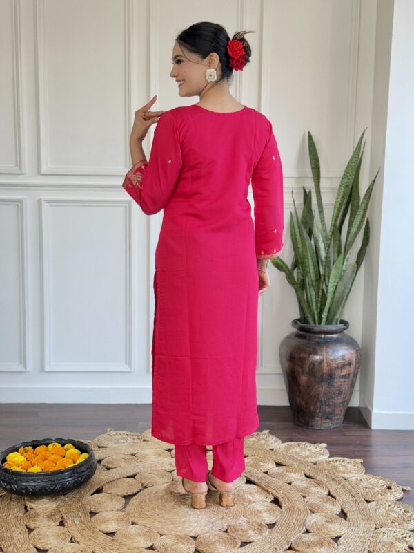 DEVPOOJA Viscose Pink Casual Wear Embroidery Work Readymade Kurti Set - Image 2