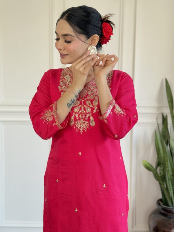 DEVPOOJA Viscose Pink Casual Wear Embroidery Work Readymade Kurti Set - Image 8