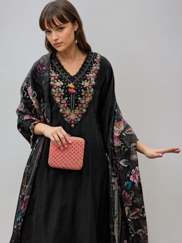 KAJAL BLACK Floral Yoke Design Thread Work A-Line Kurta With Trousers & Dupatta - Image 3