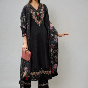 KAJAL BLACK Floral Yoke Design Thread Work A-Line Kurta With Trousers & Dupatta