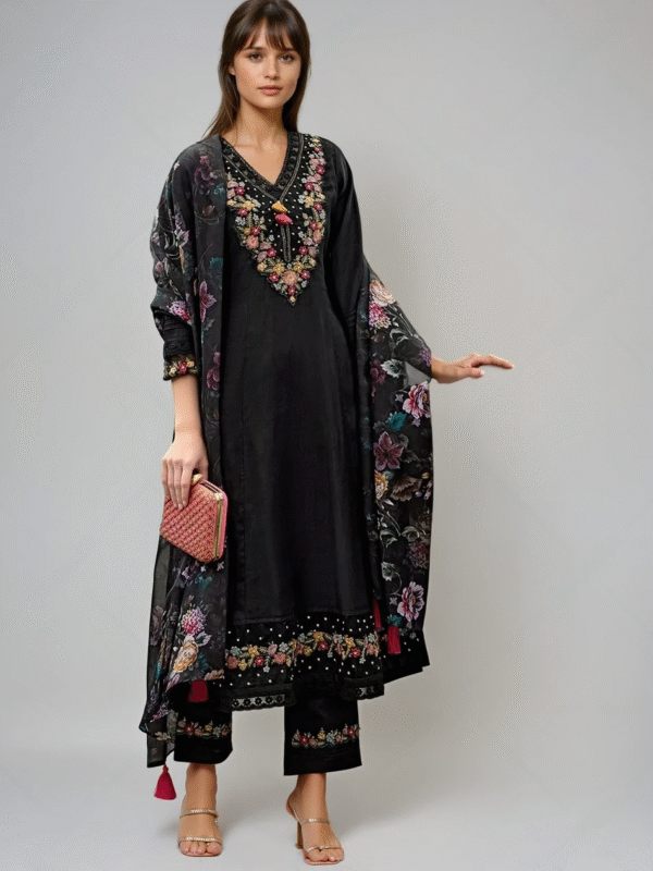 KAJAL BLACK Floral Yoke Design Thread Work A-Line Kurta With Trousers & Dupatta