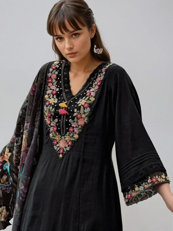 KAJAL BLACK Floral Yoke Design Thread Work A-Line Kurta With Trousers & Dupatta - Image 4