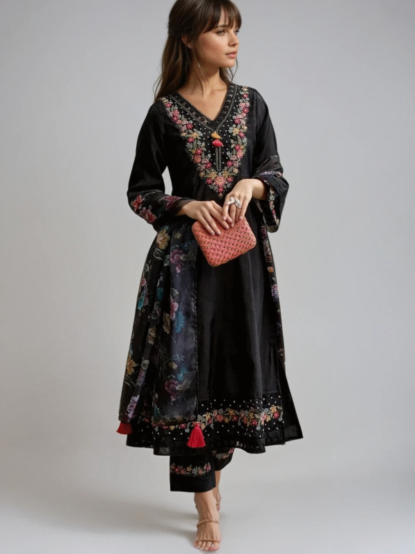 KAJAL BLACK Floral Yoke Design Thread Work A-Line Kurta With Trousers & Dupatta - Image 2